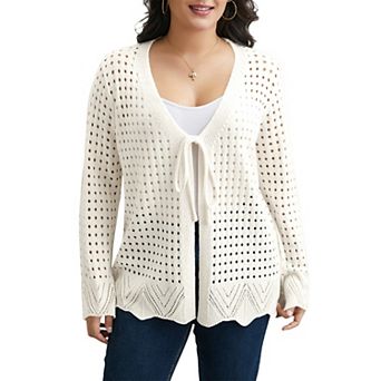 Plus Size Women Tie Front Hollow Out Knit Cardigan