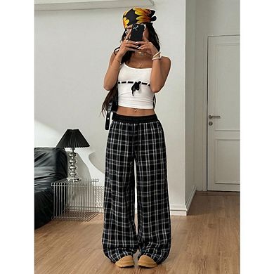Women's Plaid Straight Pants High Waisted Loose Casual Trousers with Pockets