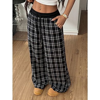 Women's Plaid Straight Pants High Waisted Loose Casual Trousers with Pockets