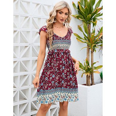 Women Casual Dress Boho Floral Print Flowy Beach Dress