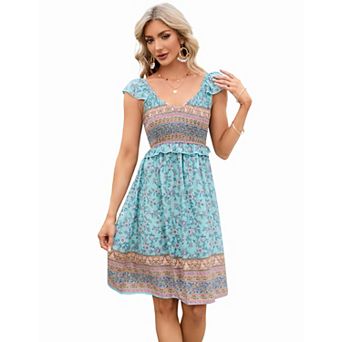 Women Casual Dress Boho Floral Print Flowy Beach Dress
