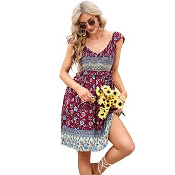 Women Casual Dress Boho Floral Print Flowy Beach Dress