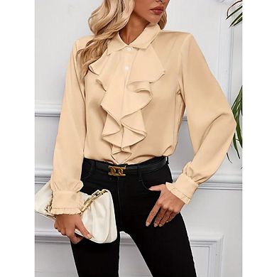 Women's Collar Neck Button Down Ruffle Front Long Sleeve Blouse
