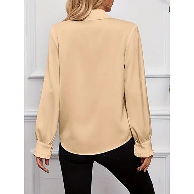 Women's Collar Neck Button Down Ruffle Front Long Sleeve Blouse