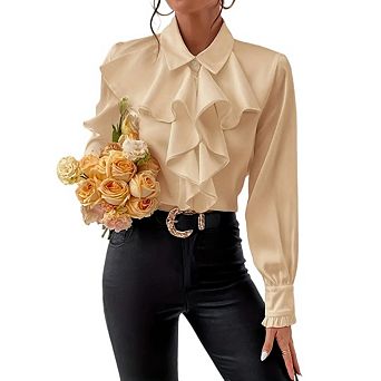 Women's Collar Neck Button Down Ruffle Front Long Sleeve Blouse