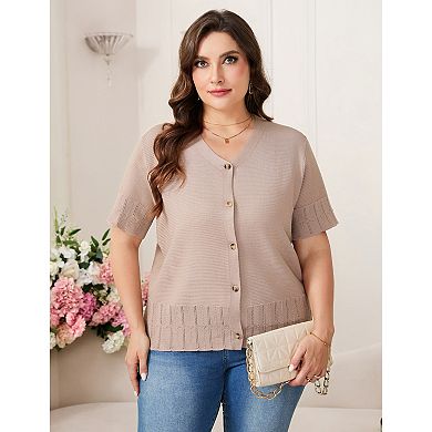 Plus Size Women Button Down Short Sleeve Knit Cardigan Lightweight Casual Top