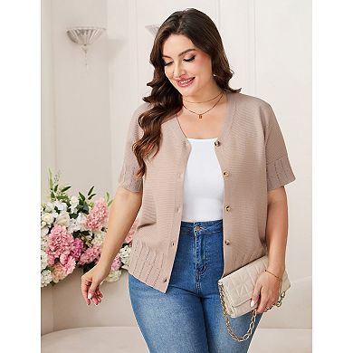 Plus Size Women Button Down Short Sleeve Knit Cardigan Lightweight Casual Top