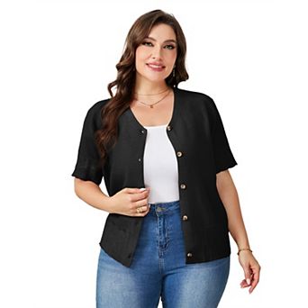 Plus Size Women Button Down Short Sleeve Knit Cardigan Lightweight Casual Top