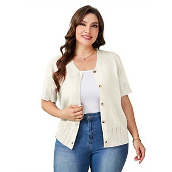 Plus Size Women Button Down Short Sleeve Knit Cardigan Lightweight Casual Top