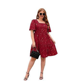 Women's Plus Size Boho Floral Print Square Neck Dresses A-Line Swing Casual Party Flowy Dress