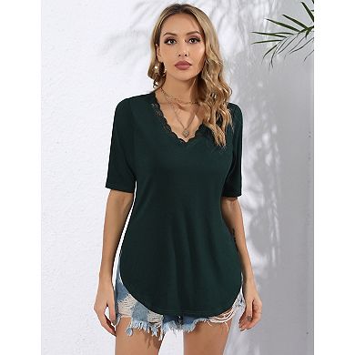 Women's Lace Trim V Neck Top Split Hem Casual Shirt
