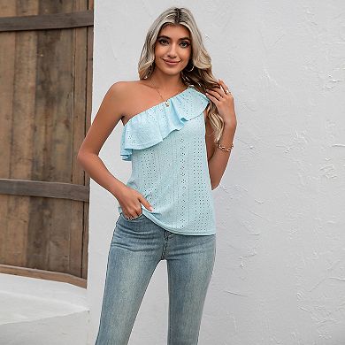 Women One Shoulder Tops Ruffle Solid Shirts Sleeveless Spaghetti Strap Loose Tank Top