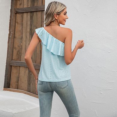 Women One Shoulder Tops Ruffle Solid Shirts Sleeveless Spaghetti Strap Loose Tank Top