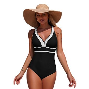 Women's 1 pc Swimsuit V-Neck Scalloped Trim Ruched Tummy Control Crisscross Straps Swimwear
