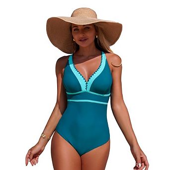 Women's 1 pc Swimsuit V-Neck Scalloped Trim Ruched Tummy Control Crisscross Straps Swimwear