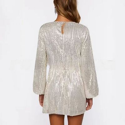 Women Sparkly Sequin Mini Dress Long Sleeve Glitter Short Dresses Party  Prom Dress with Belt