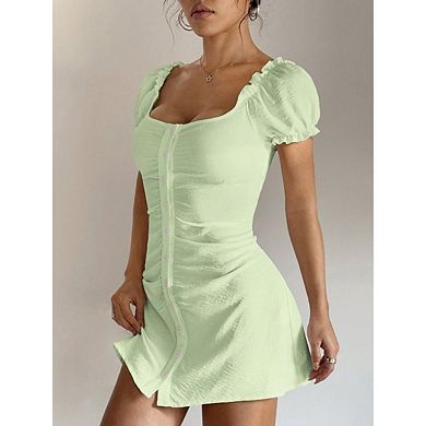 Women's Flowy Trendy Dresses Square Neck Puff Short Sleeve Dress