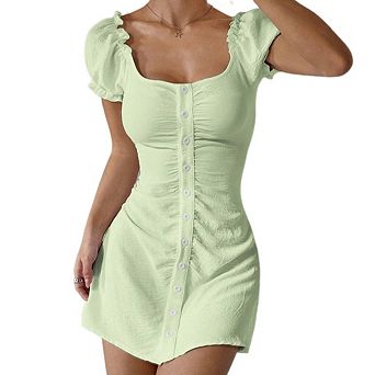 Women's Flowy Trendy Dresses Square Neck Puff Short Sleeve Dress