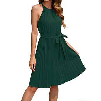Women's Sleeveless Pleated Midi Dress Halter Neck Tie Waist Casual Dress