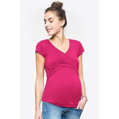 Women's Cross V-Neck Maternity Nursing Short Sleeve Striped T-Shirt