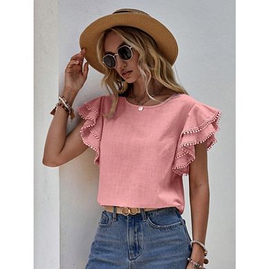Women's Boho Crew Neck Ruffled Sleeve Blouse with Pom-Pom Trim Button Casual Travel Wear
