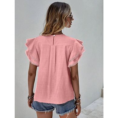 Women's Boho Crew Neck Ruffled Sleeve Blouse with Pom-Pom Trim Button Casual Travel Wear