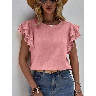 Women's Boho Crew Neck Ruffled Sleeve Blouse with Pom-Pom Trim Button Casual Travel Wear