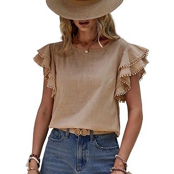 Women's Boho Crew Neck Ruffled Sleeve Blouse with Pom-Pom Trim Button Casual Travel Wear