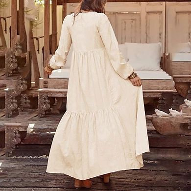Womens Button V Neck Linen Maxi Dress Tiered Ruffle A-Line Pleated Beach Long Dresses