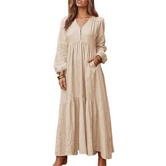 Womens Button V Neck Linen Maxi Dress Tiered Ruffle A-Line Pleated Beach Long Dresses