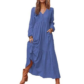 Womens Button V Neck Linen Maxi Dress Tiered Ruffle A-Line Pleated Beach Long Dresses