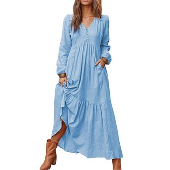 Womens Button V Neck Linen Maxi Dress Tiered Ruffle A-Line Pleated Beach Long Dresses