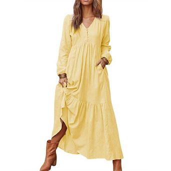 Womens Button V Neck Linen Maxi Dress Tiered Ruffle A-Line Pleated Beach Long Dresses