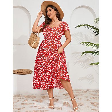 Women's Plus Size Floral Short Sleeve Wedding Long Dress