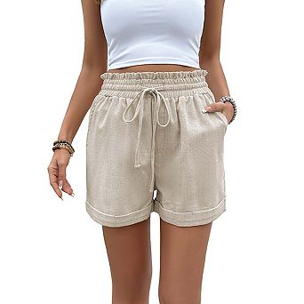 Women's Elastic High-Waist Casual Linen Shorts with Drawstring