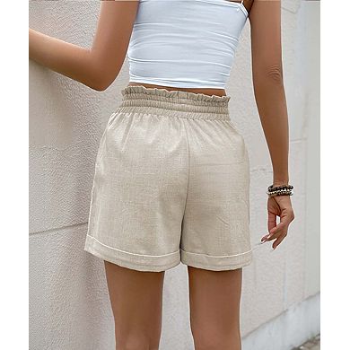 Women's Elastic High-Waist Casual Linen Shorts with Drawstring