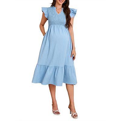 blue boho maternity dress VmSlyii Summer Boho Off Shoulder Maternity Dresses Baby Shower Photoshoot Dress  Blue M at Amazon Women's Clothing store