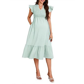 Women's Smocked Maternity Dress for Baby Shower Casual Ruffle Sleeve Empire Waist Tiered Boho Dress