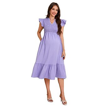 Women's Smocked Maternity Dress for Baby Shower Casual Ruffle Sleeve Empire Waist Tiered Boho Dress