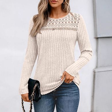 Women Hollow Out Crew Neck Long Sleeve Casual Top