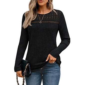 Women Hollow Out Crew Neck Long Sleeve Casual Top