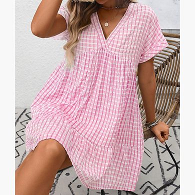 Women's Plaid Ruffle Dress Summer Deep V Neck Half Sleeve Flowy Dresses