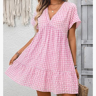 Women's Plaid Ruffle Dress Summer Deep V Neck Half Sleeve Flowy Dresses