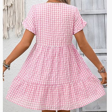 Women's Plaid Ruffle Dress Summer Deep V Neck Half Sleeve Flowy Dresses