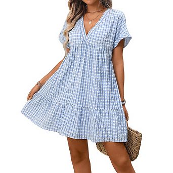 Women's Plaid Ruffle Dress Summer Deep V Neck Half Sleeve Flowy Dresses