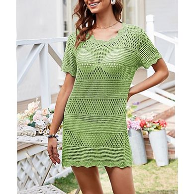 Women Crochet Short Sleeve Bathing Suit Mesh Beach Vacation Dresses