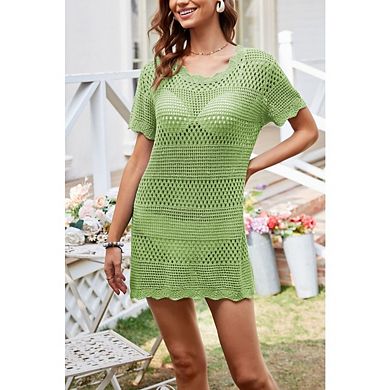 Women Crochet Short Sleeve Bathing Suit Mesh Beach Vacation Dresses