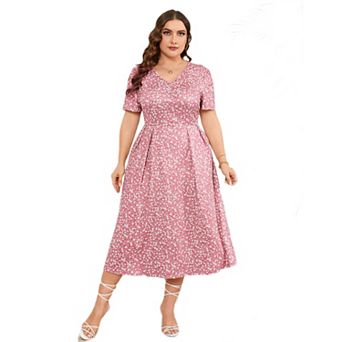 Plus Size Women Casual Floral Dress Short Sleeve v Neck Sundress