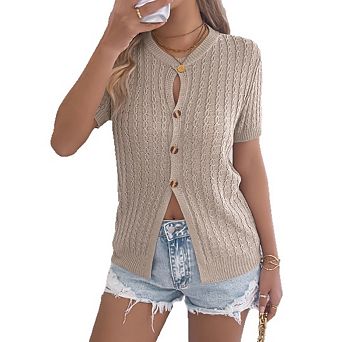 Women's Crochet Knit Button Down Shirt Short Sleeve Crewneck Blouse Hollow Out Beach Vacation Top