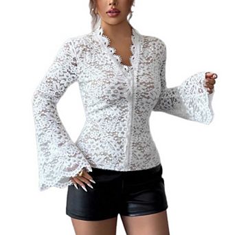 Women's V-Neck Lace Fitted Top, Bell Sleeve Scalloped Trim Elegant Blouse